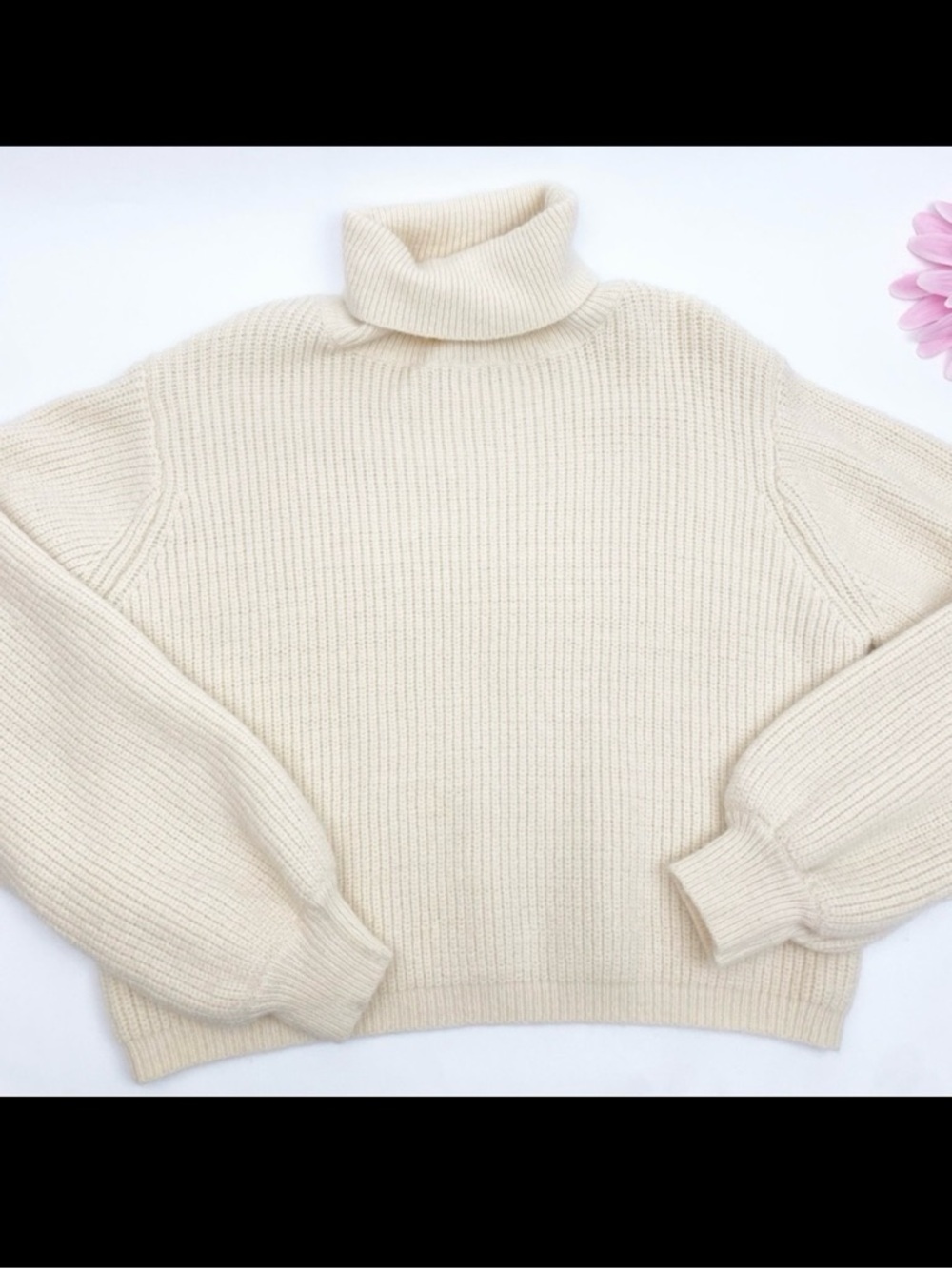 Petal + Pup Freddie Ribbed Knit Balloon Sleeve Turtleneck Sweater Ivory Cream